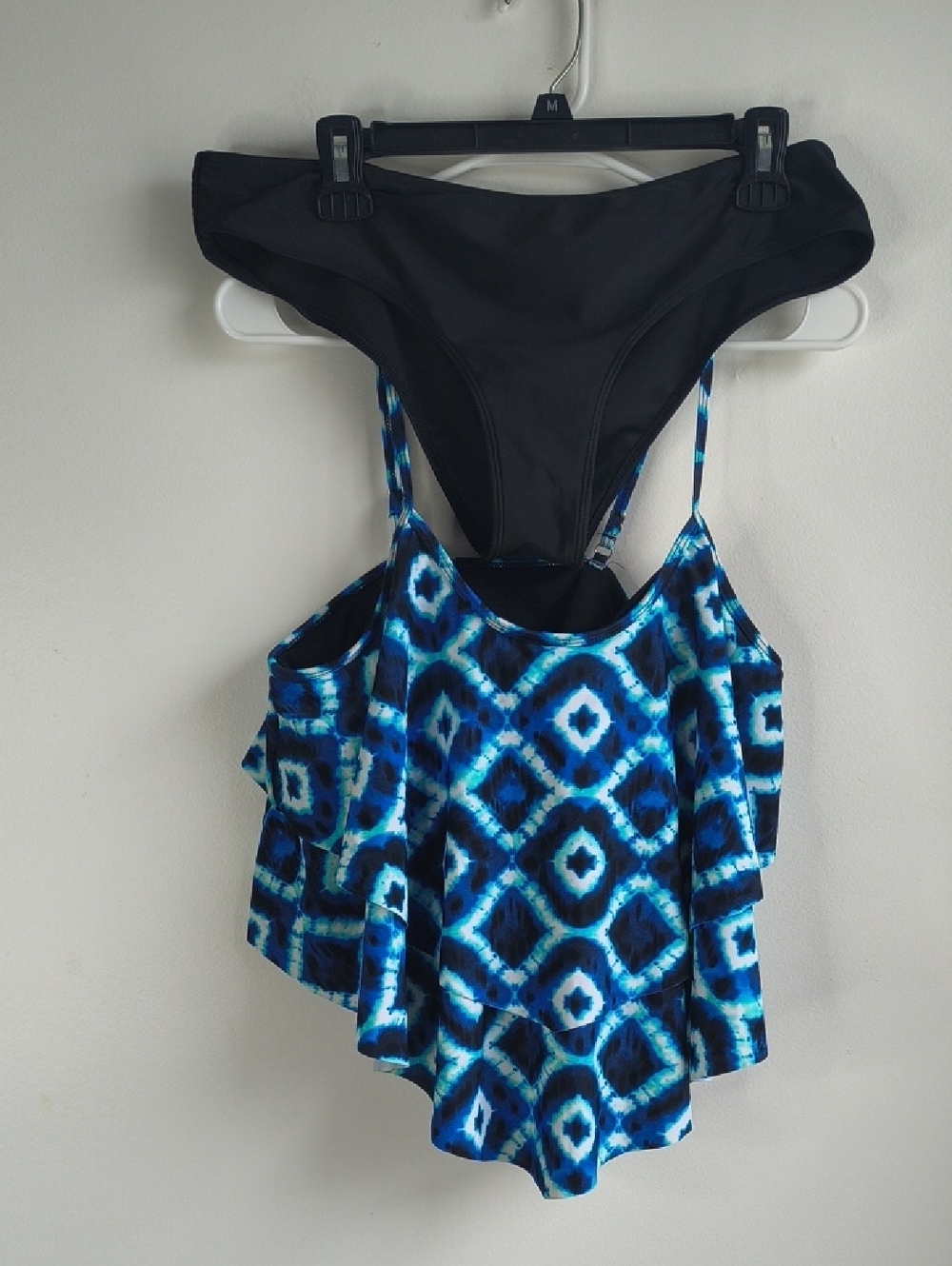 Blue Patterned Tankini Top with Black Bikini Bottom
